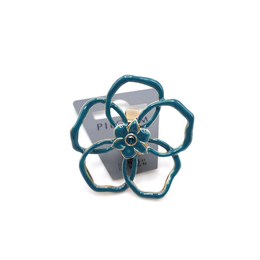 Pilgrim Flower Ring Blue Enamel Gold Swarovski Adjustable‎